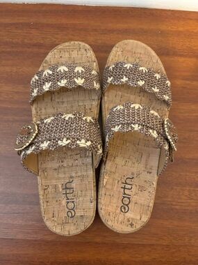 Earth Woven Brown Cork Slide Sandals with Buckle